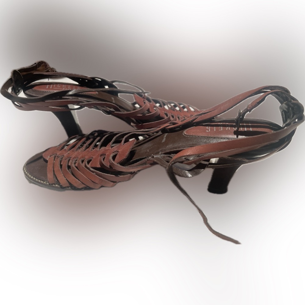NICKELS SOFT T-AGASSI Sandals Womens 8.5M Brown Leather Strappy Heels Huarache